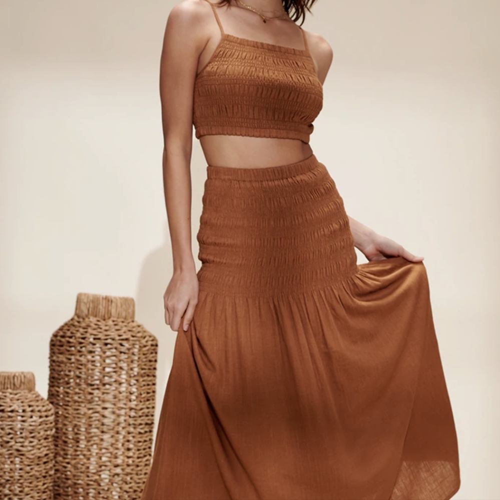 Crescent Rust Brown Smocked Crop Top & Maxi Skirt Set